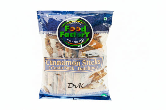 Packaged cinnamon sticks from The Great Food Factory on a white background