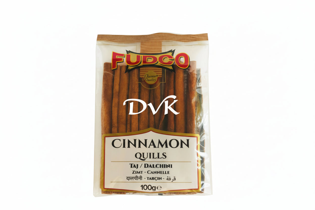 Packaged cinnamon quills with Fudco branding on a white background