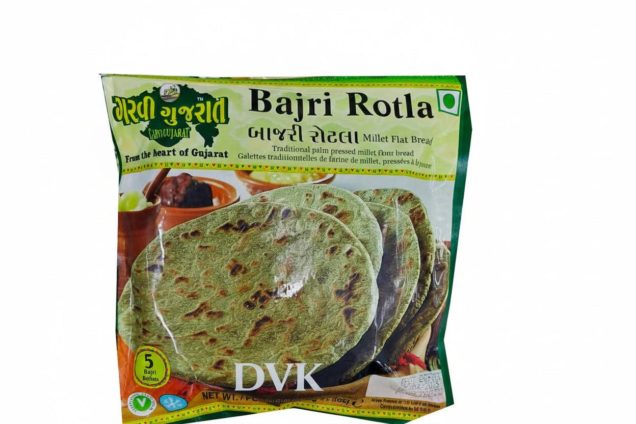 Packaged Bajri Rotla with green color and traditional design on a white background