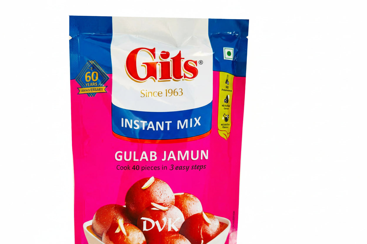 Gits Instant Mix Gulab Jamun packaging with a pink background and visible Nestle logo.