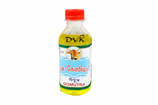 Bottle of Gomutra with a red cap on a white background