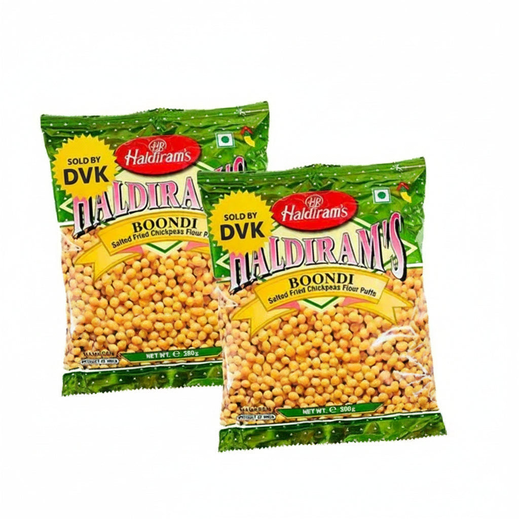 Two packages of Haldiram's Boondi on a white background