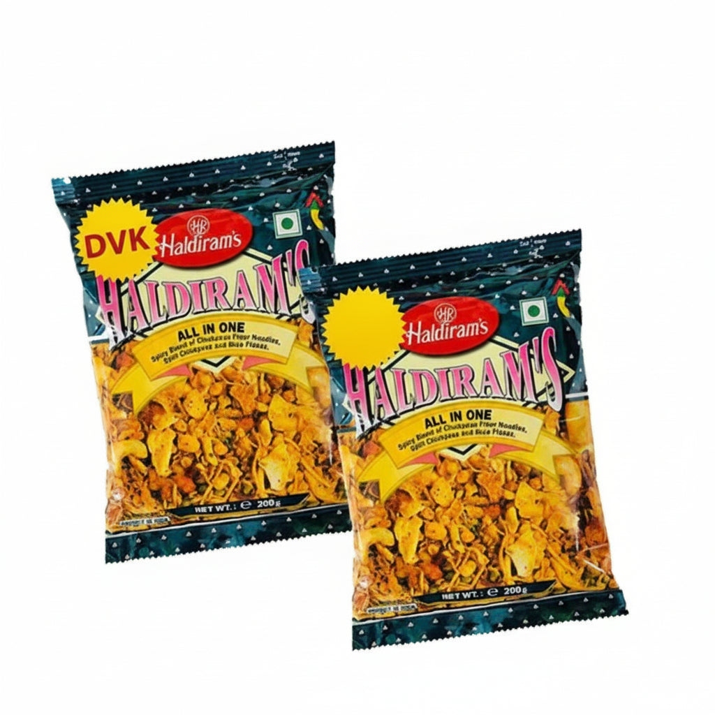 Two packages of Haldiram's All in One snack on a white background