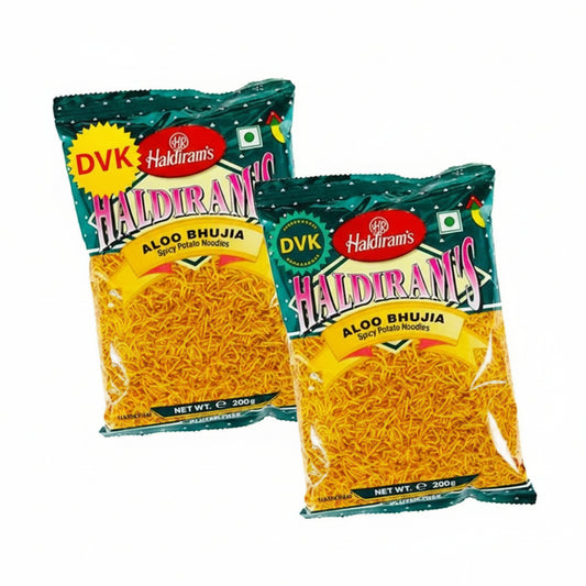 Two packages of Haldiram's Aloo Bhujia on a white background