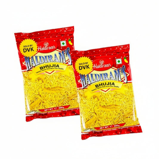 Two packages of Haldiram's Bhujia on a white background