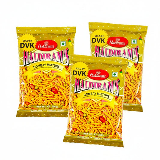 Two packages of Haldiram's Bombay Mixture on a white background