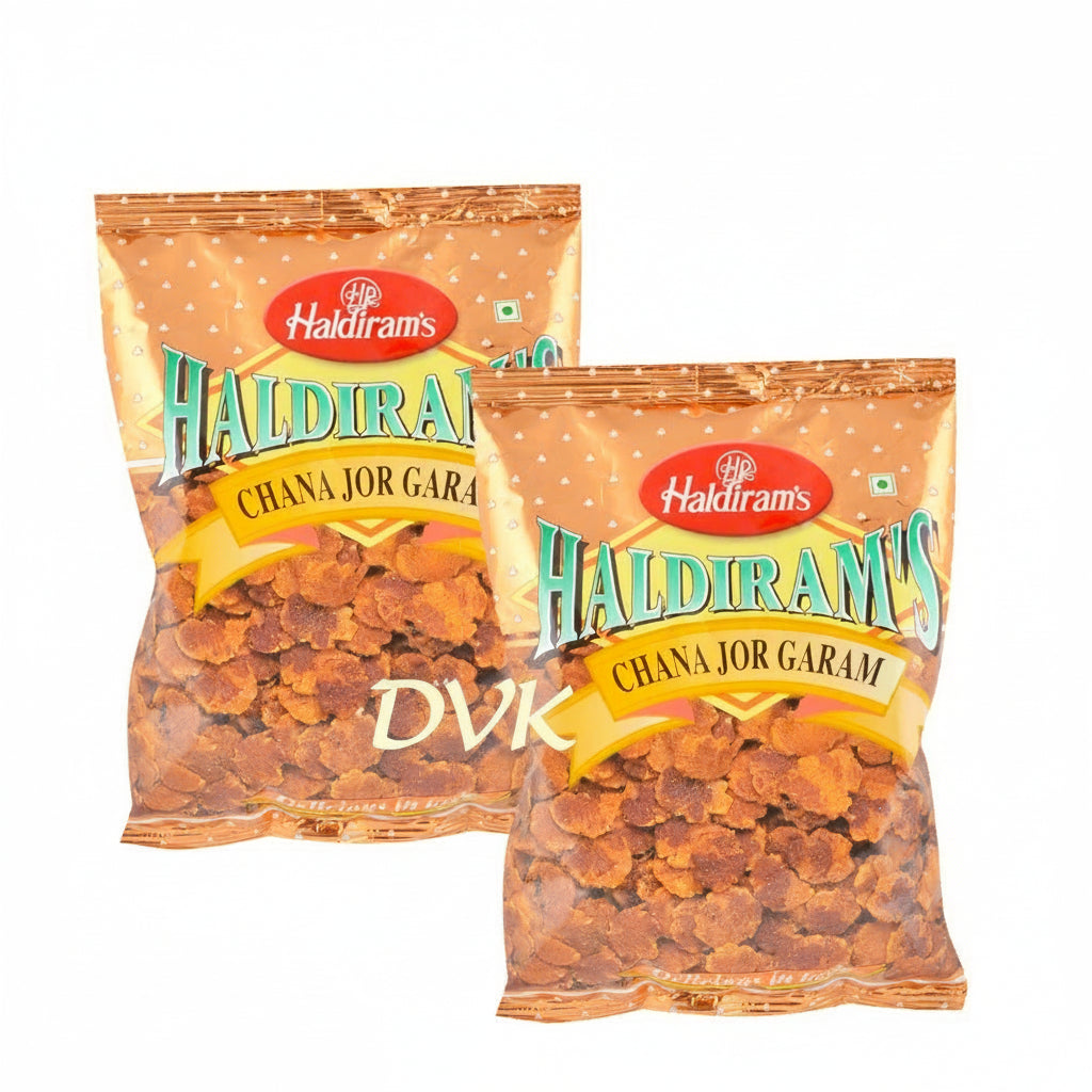 Two bags of Haldiram's Chana Jor Garam on a white background