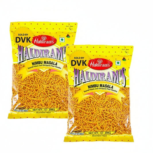 Two packages of Haldiram's Nimbu Masala noodles on a white background