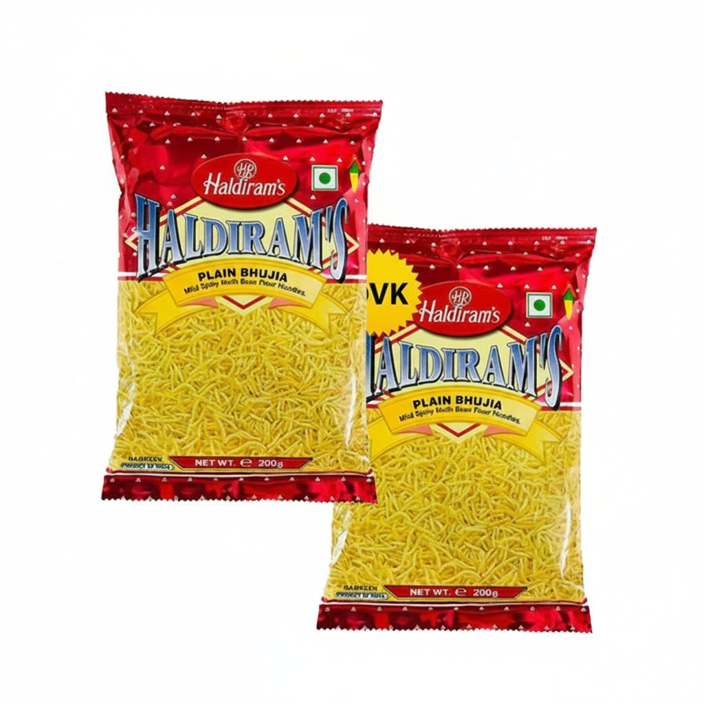 Two packages of Haldiram's Plain Bhujia on a white background