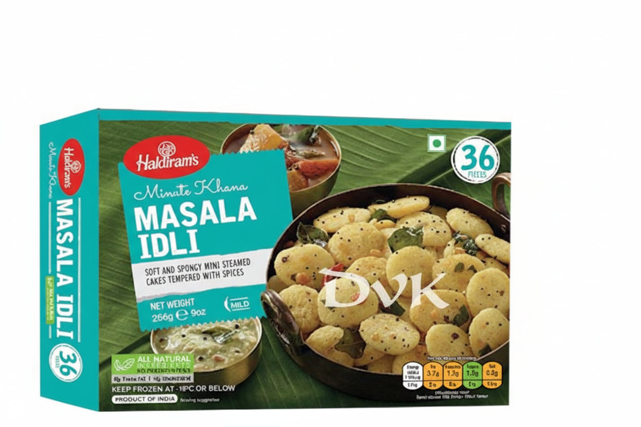 Haldiram's Masala Idli packaging with a green leaf background