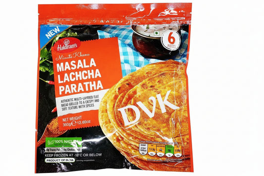 Packaged Masala Lachcha Paratha with visible branding on a white background