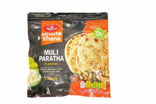Packaged Muli Paratha from Haldiram's with branding and product details on a white background