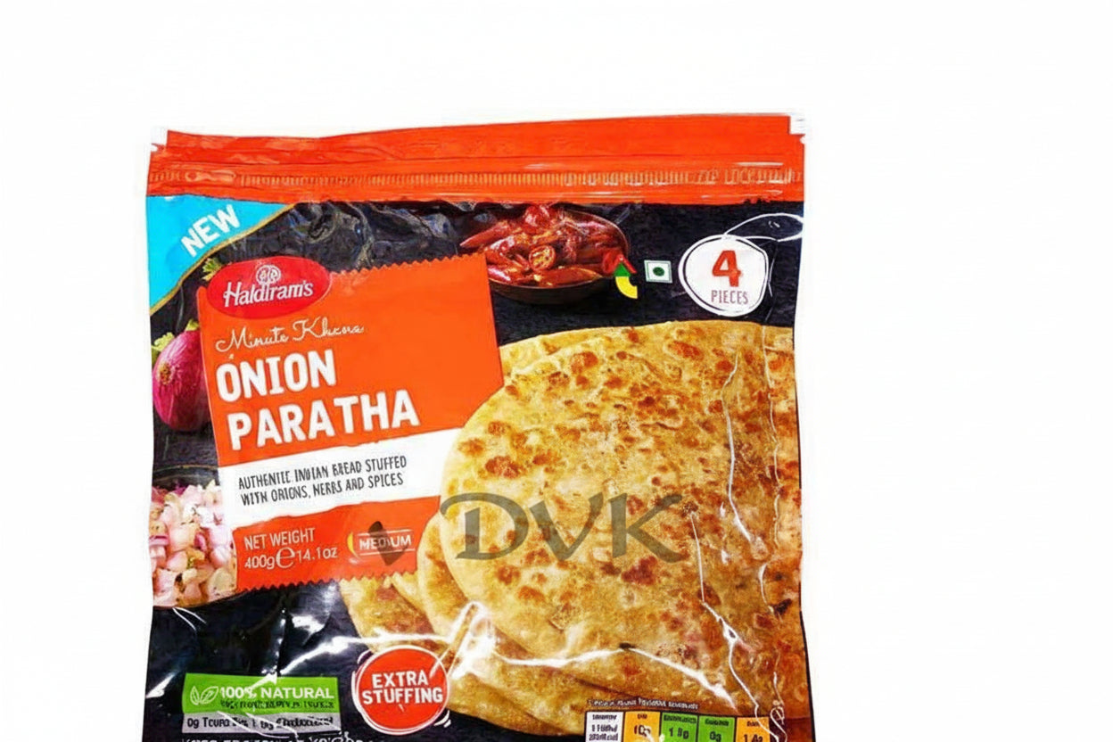Packaged onion paratha with Halkiрамs branding on a white background