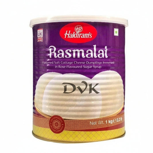 Haldiram's Rasmalai packaging with purple and yellow design on a white background