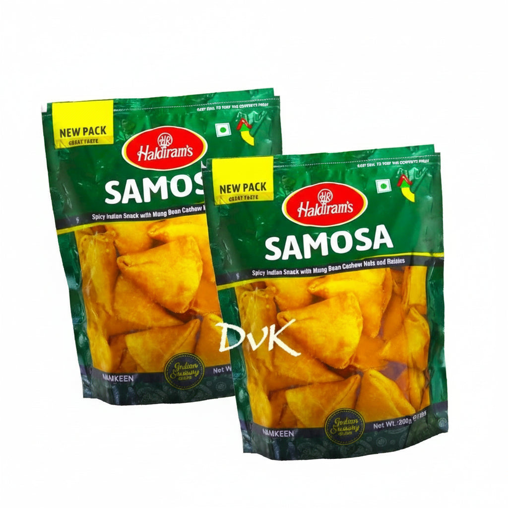 Two packages of Haldiram's Samosa on a white background