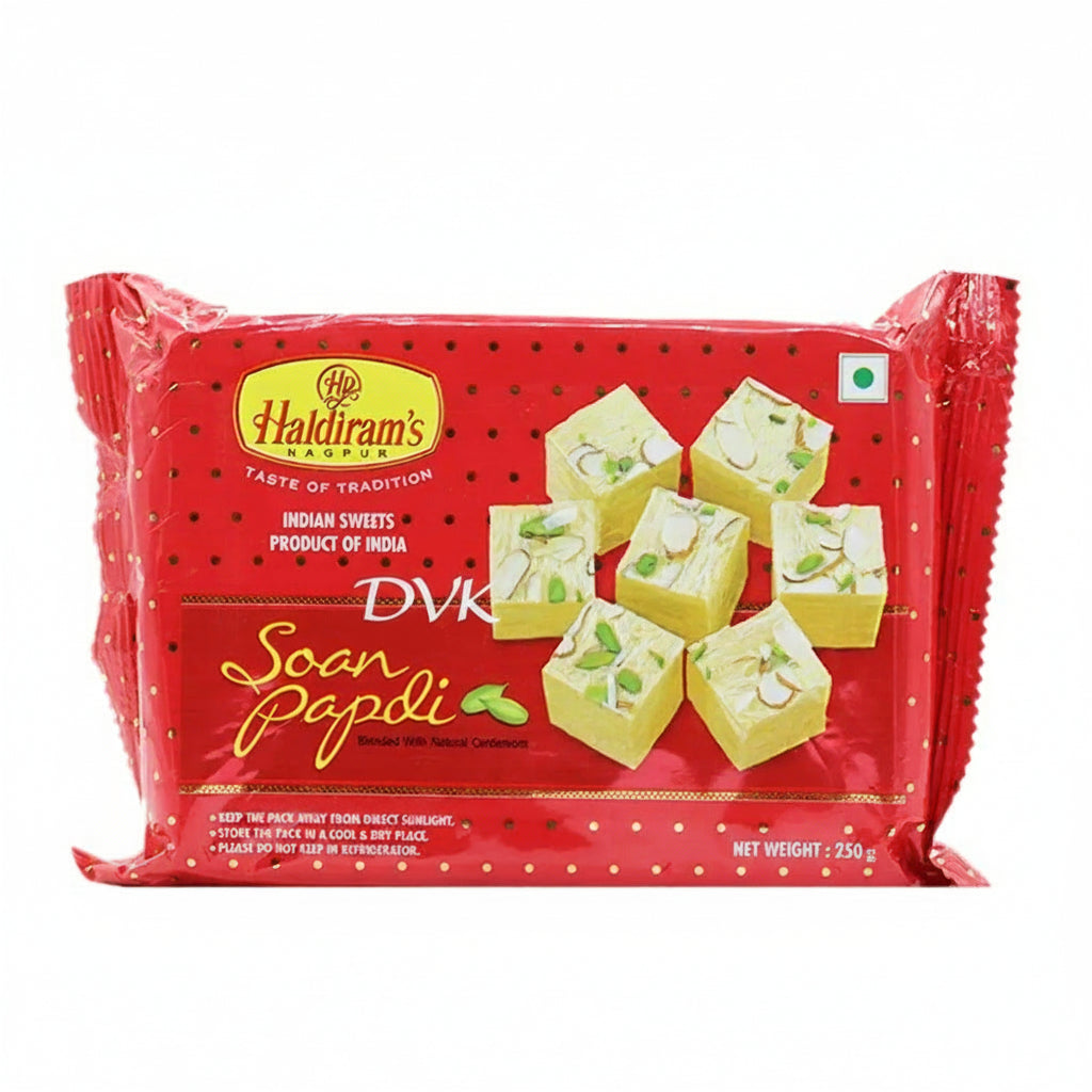 Packaged Soan Papdi by Haldiram's on a white background