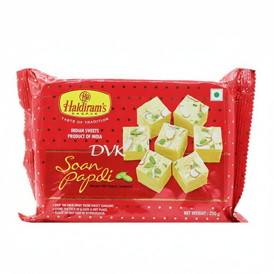Packaged Soan Papdi by Haldiram's on a white background