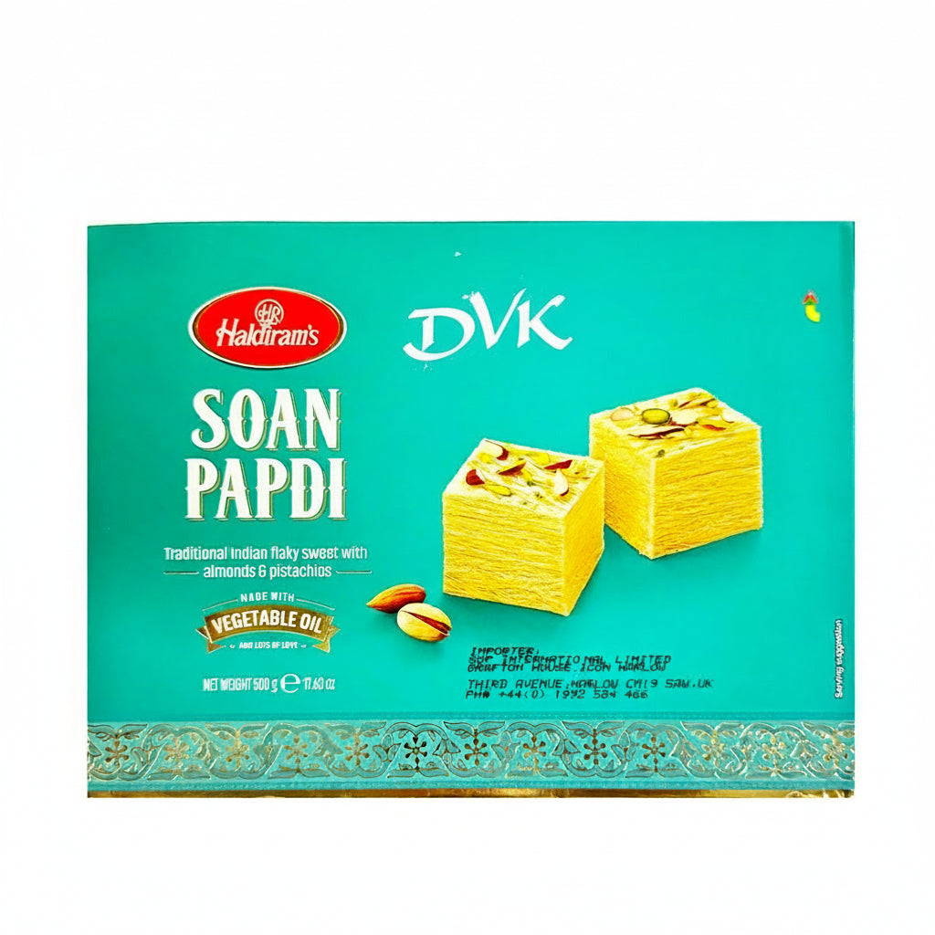 Box of Soan Papdi with Haldiram's and DVK's branding on a teal background