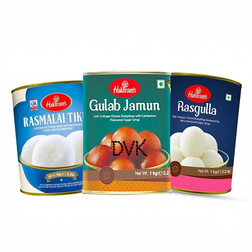 Three containers of Haldiram's desserts on a white background