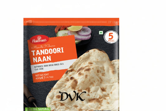 Packaged tandoori naan with brand logos on a white background