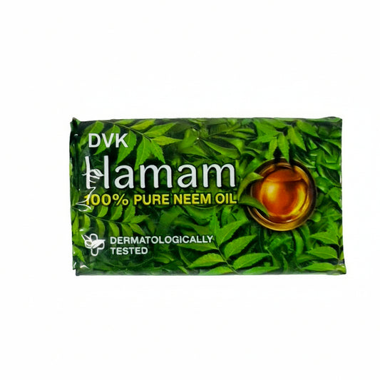 Veera's Flamam 100% Pure Neem Oil soap bar with green leafy design on packaging.