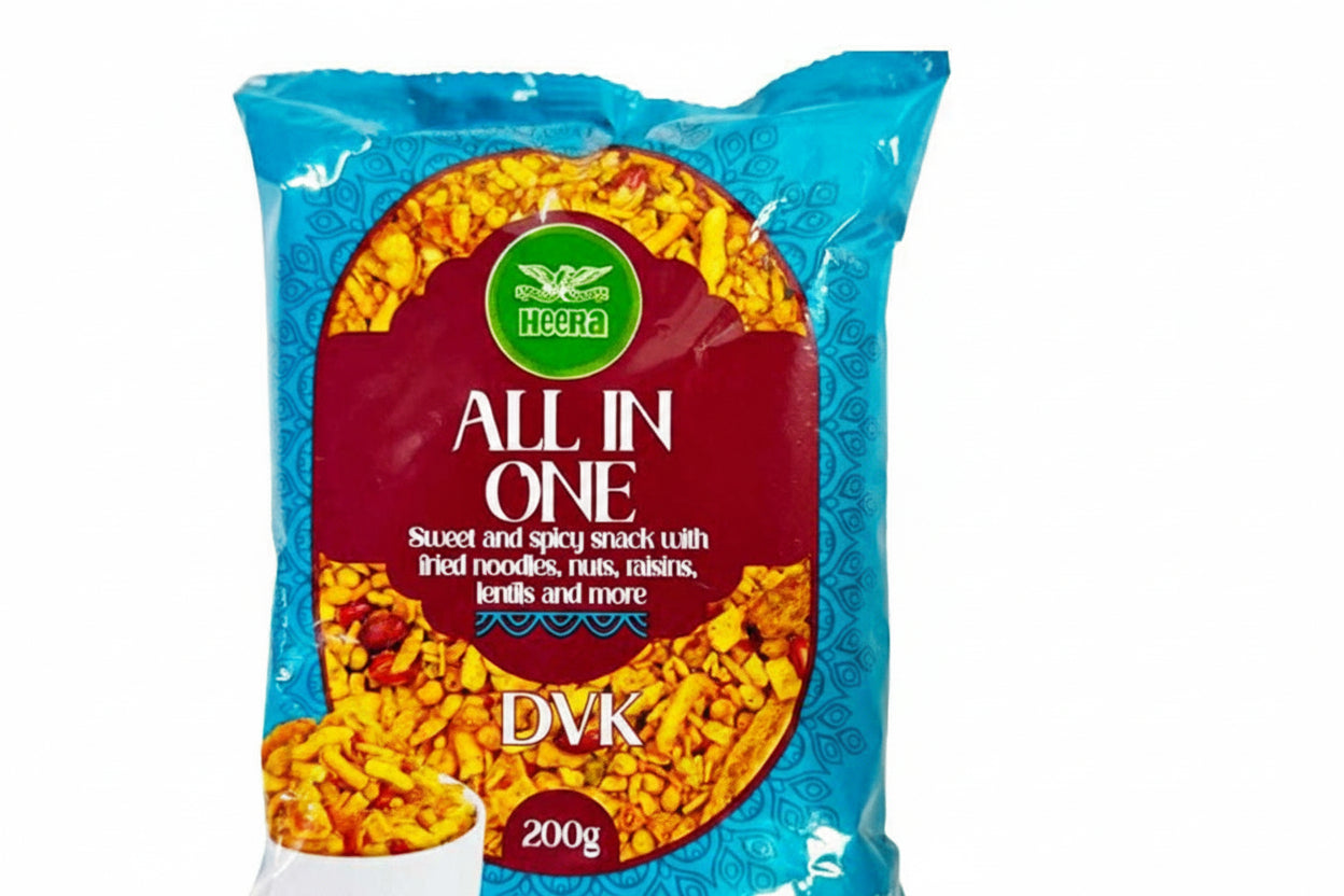 Packaged snack mix with blue and red label on a white background