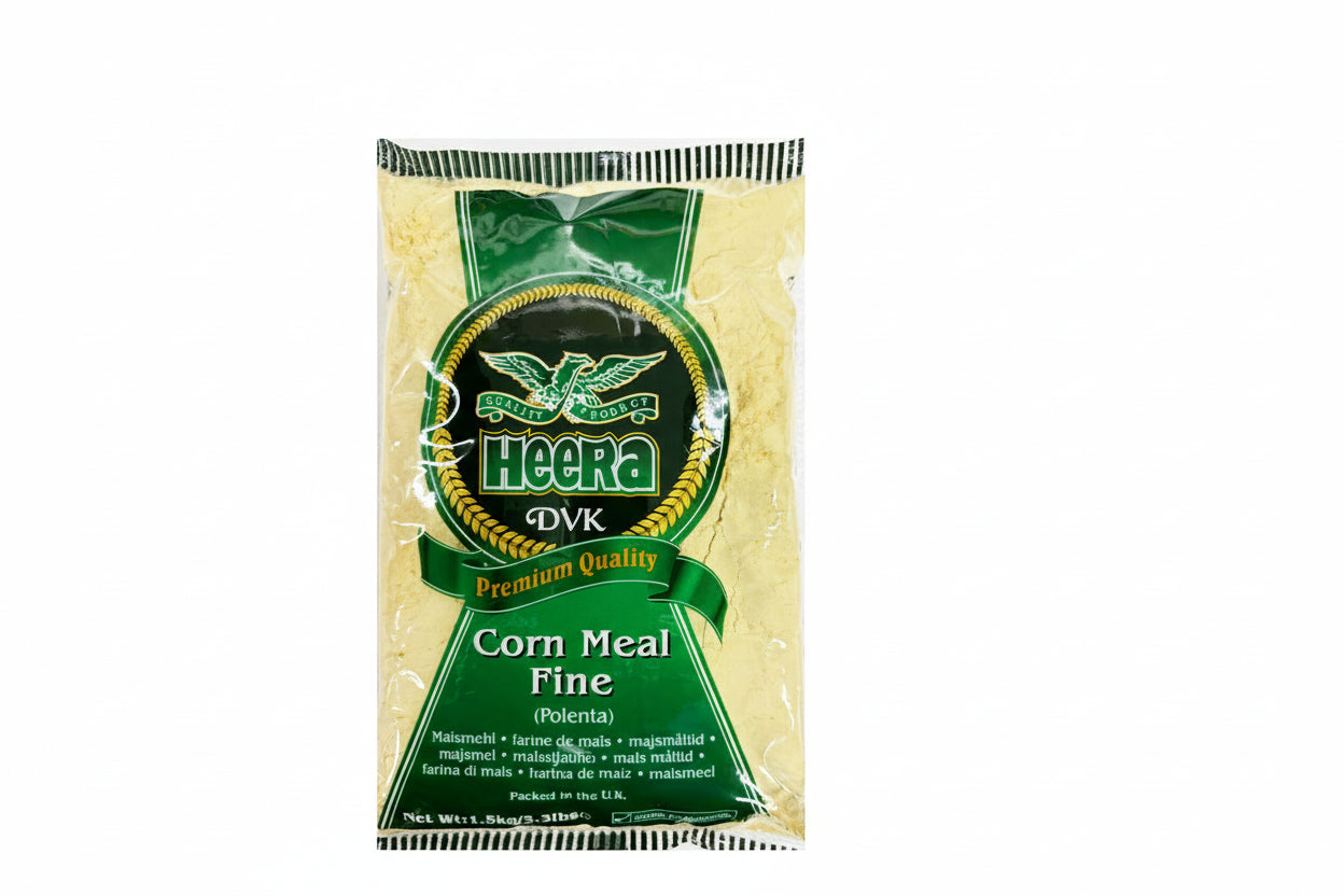 Packaged corn meal with Heera branding on a white background