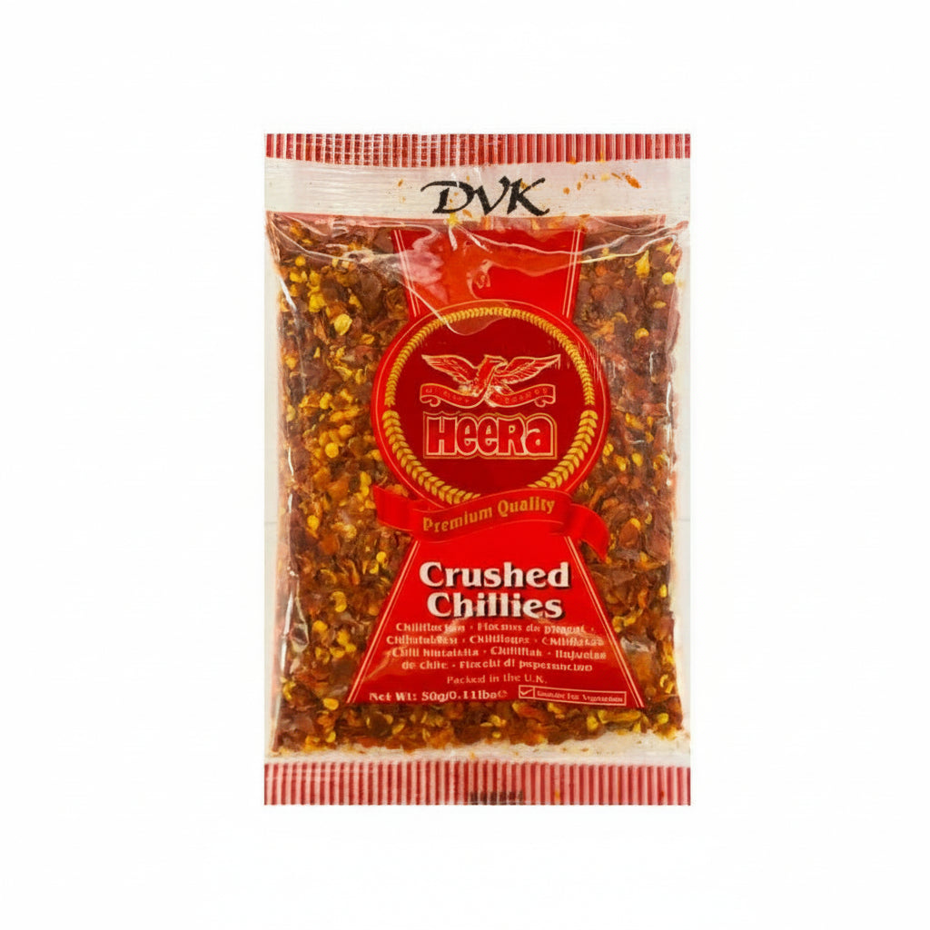 Packaged crushed chilies with Heera brand label on a white background