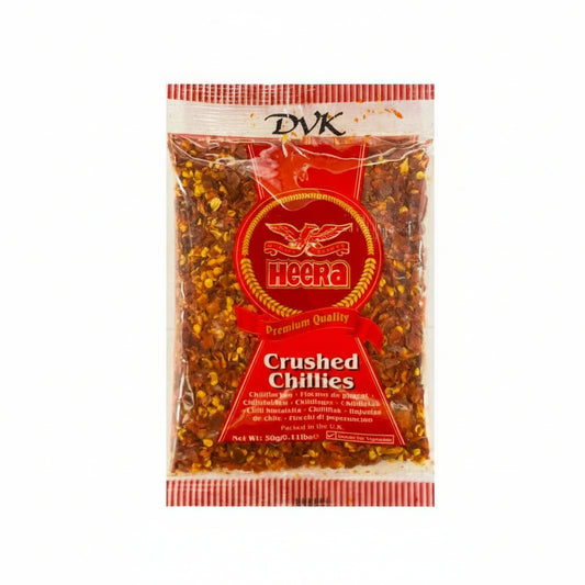 Packaged crushed chilies with Heera brand label on a white background
