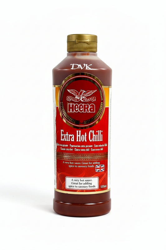 Heera Extra Hot Chilli sauce bottle on a white background