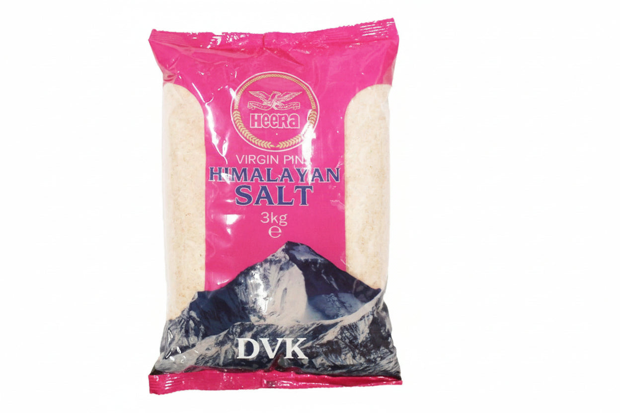 Pink package of Heera Himalayan salt with mountain graphic on a white background