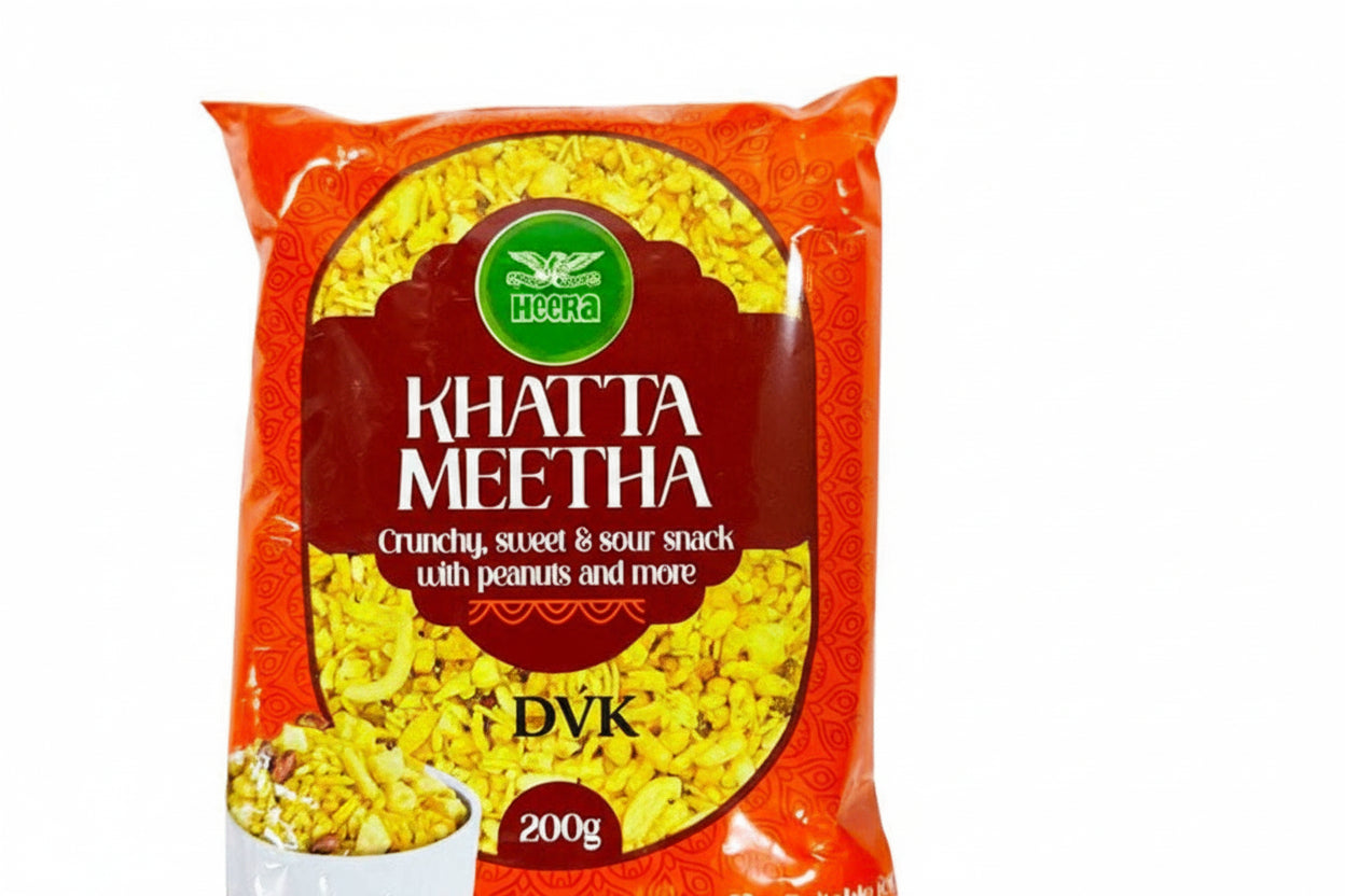 Packaged snack with 'Khatta Meetha' branding on a white background