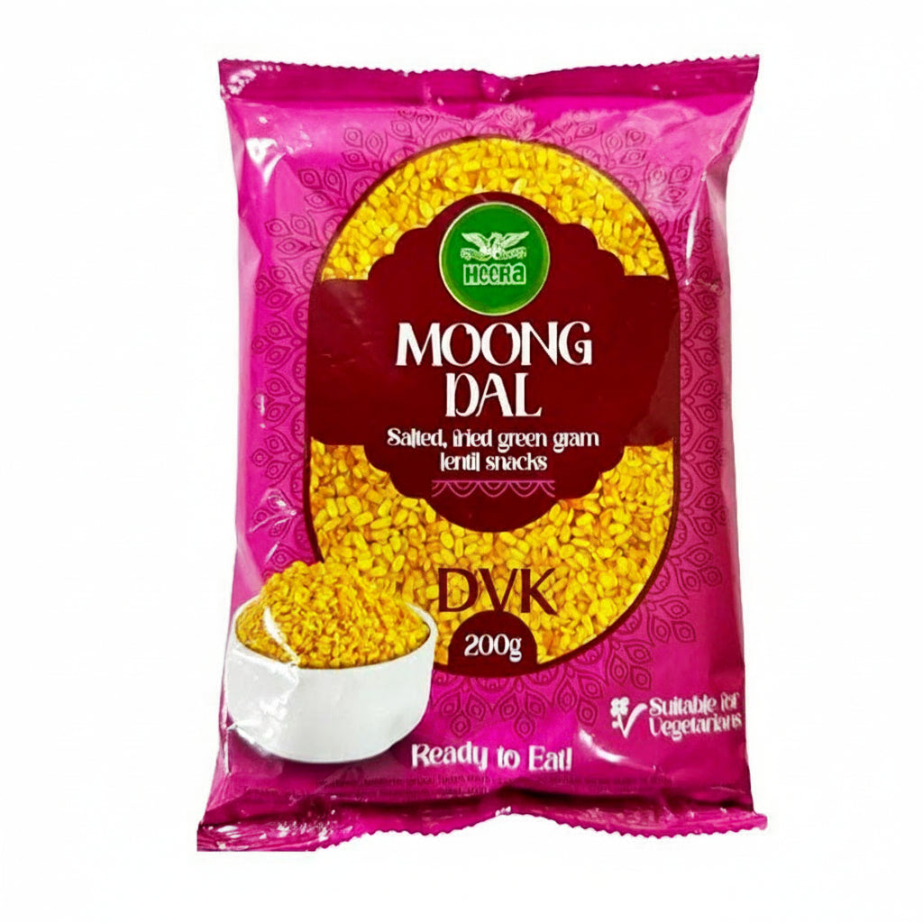 Packaged snack of Moong Dal with pink and red design on a white background