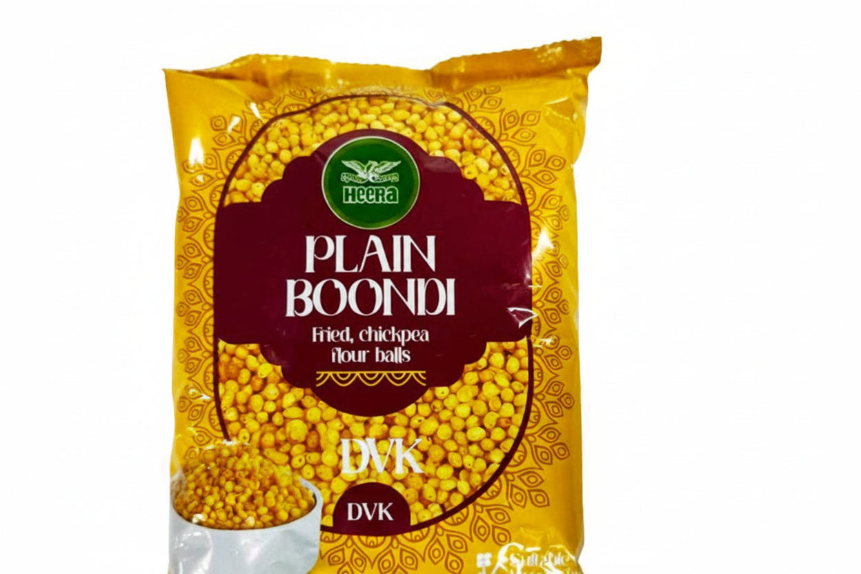 Packaged product of plain boondi with yellow color and visible brand logo on a white background