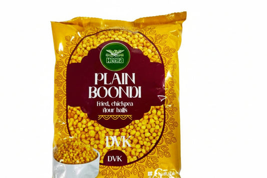Packaged product of plain boondi with yellow color and visible brand logo on a white background