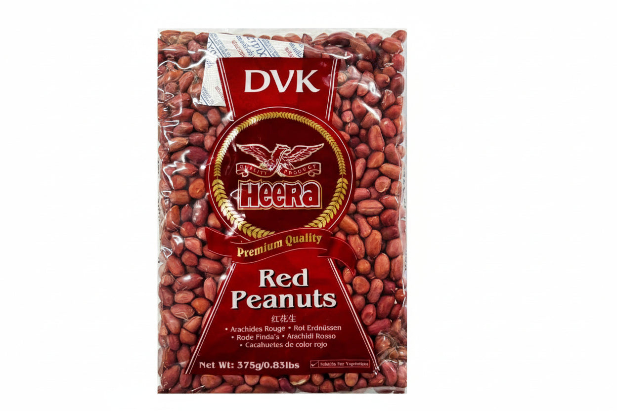 Packaged red peanuts with Heera brand label on a white background