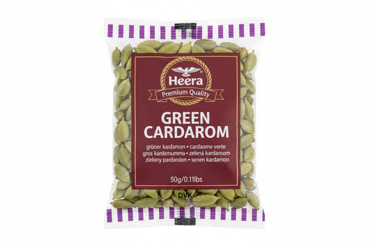 Packaged green cardamom with Heera brand label on a white background