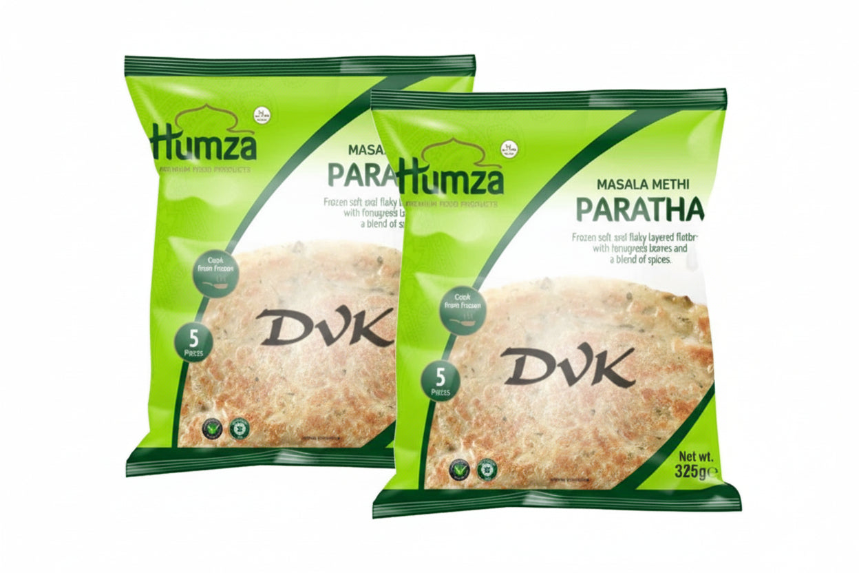 Two packages of Humza Masala Methi Paratha on a white background