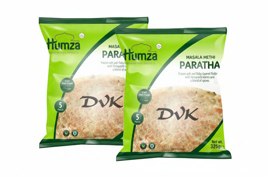 Two packages of Humza Masala Methi Paratha on a white background