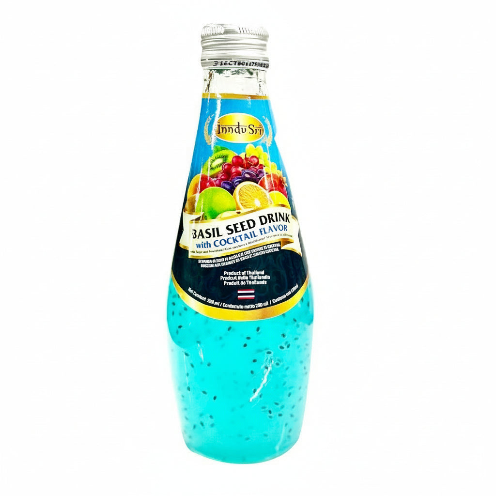 Bottle of DVK's Basil Seed Drink with colorful label on a white background