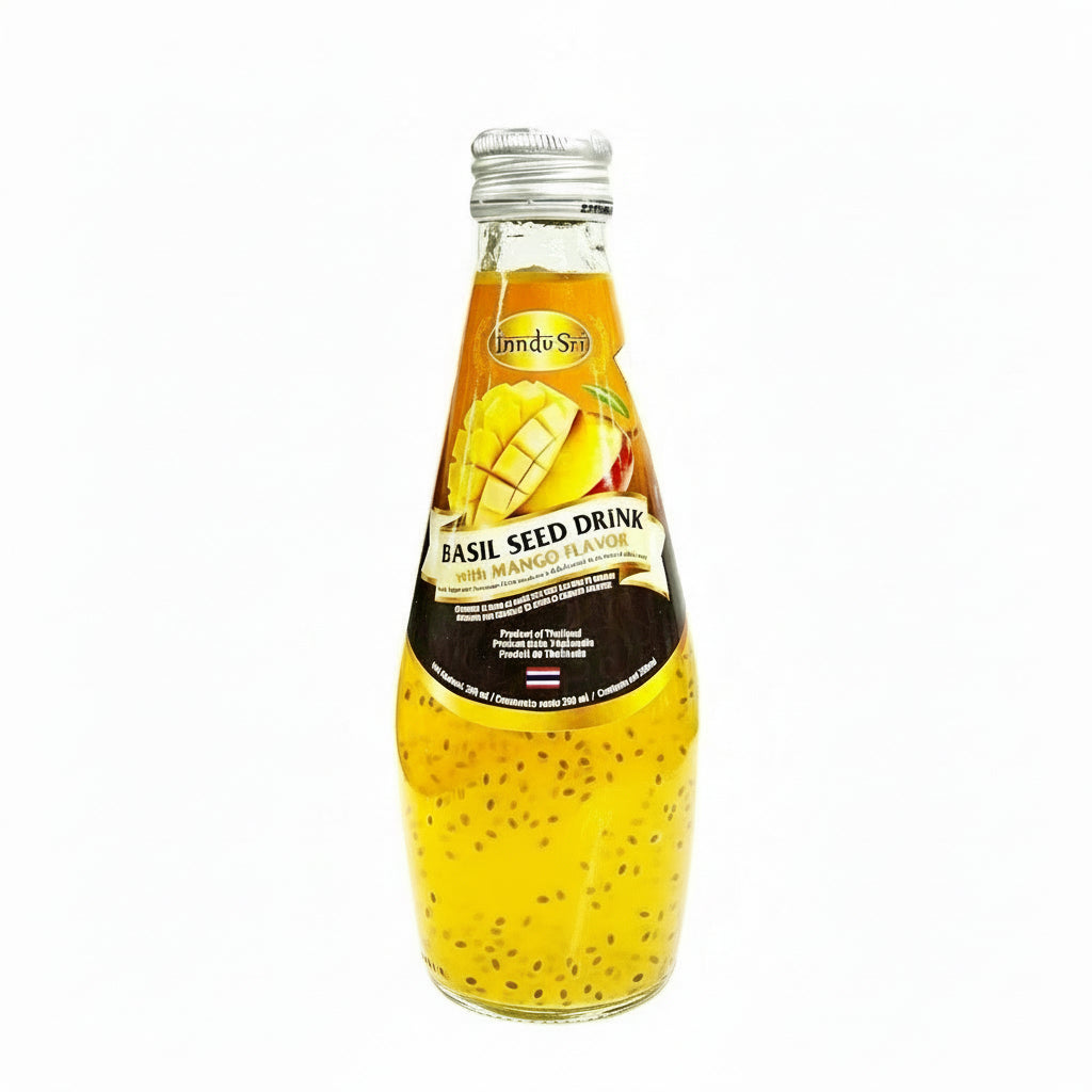 Bottle of basil seed drink with mango flavor on a white background