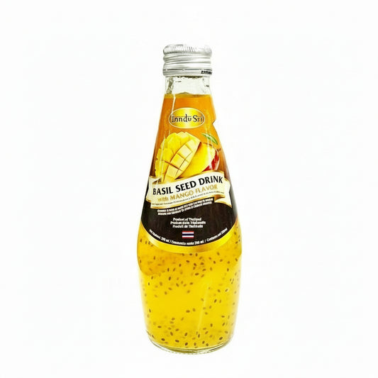 Bottle of basil seed drink with mango flavor on a white background