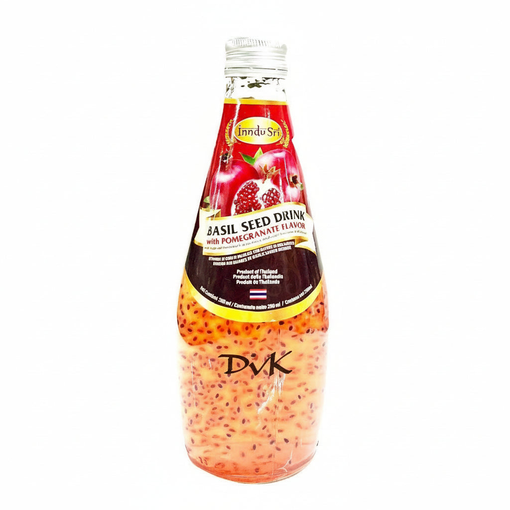 Bottle of basil seed drink with pomegranate flavor on a white background