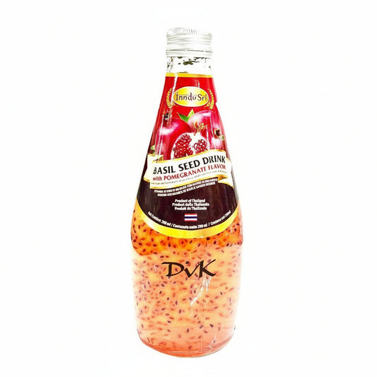 Bottle of basil seed drink with pomegranate flavor on a white background
