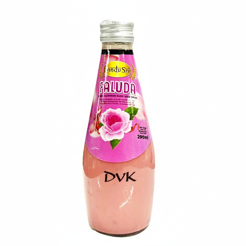 Pink bottle of Faluda with a rose design on a white background