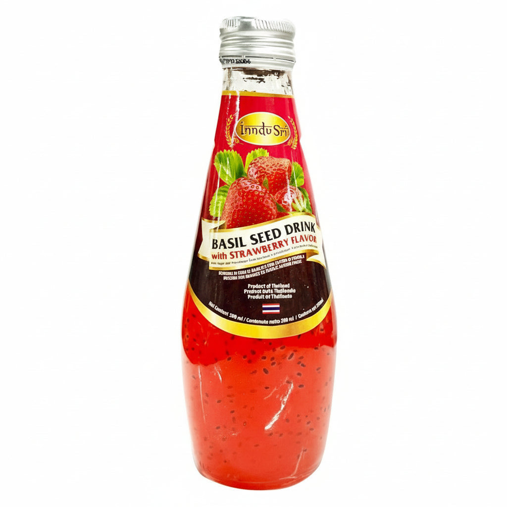 Bottle of strawberry-flavored basil seed drink on a white background