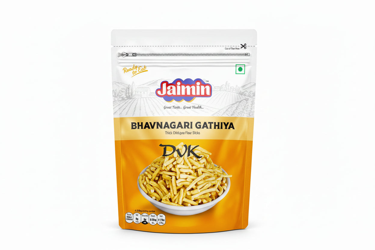 Jaimin brand packaging of Bhavnagari Gathiya on a white background