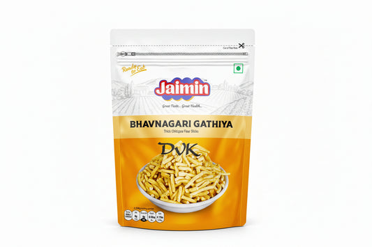 Jaimin brand packaging of Bhavnagari Gathiya on a white background