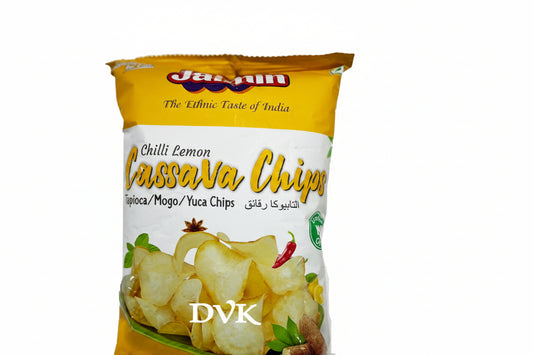 Packaged Chilli Lemon Cassava Chips with brand logo on a white background