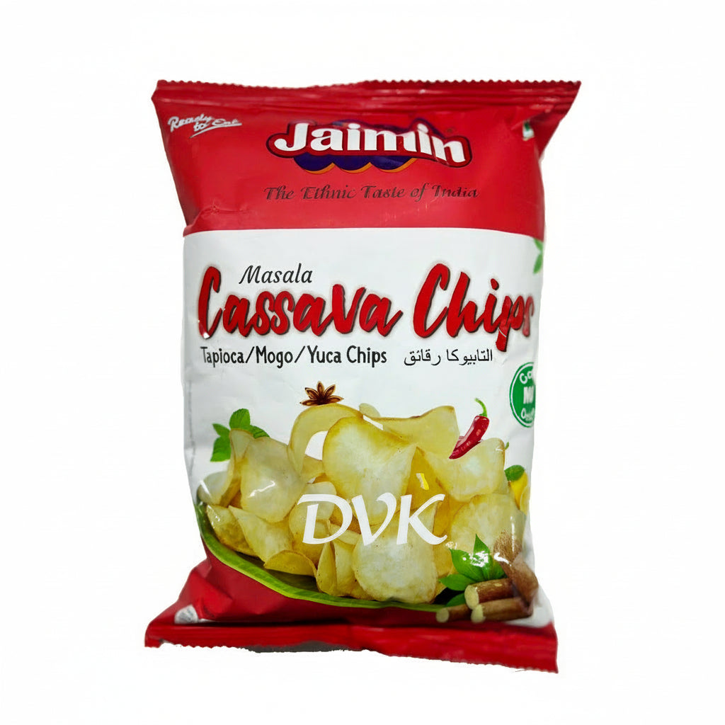 Packaged Jaimin Masala Cassava Chips on a white background